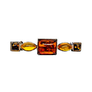 925 Sterling Silver Honey Green Orange/Cognac Amber Resin Pin Brooch Vintage